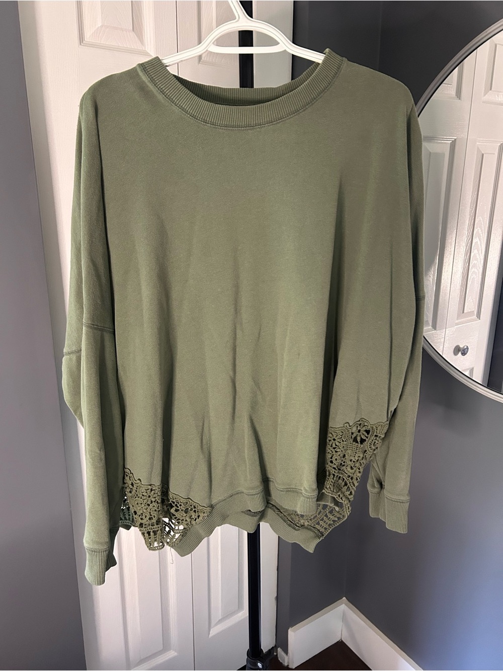 aerie Olive Crochet-Hem Pullover Sweatshirt